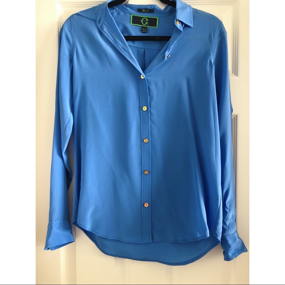 C Wonder Blue Button Down Silk Shirt Size XS